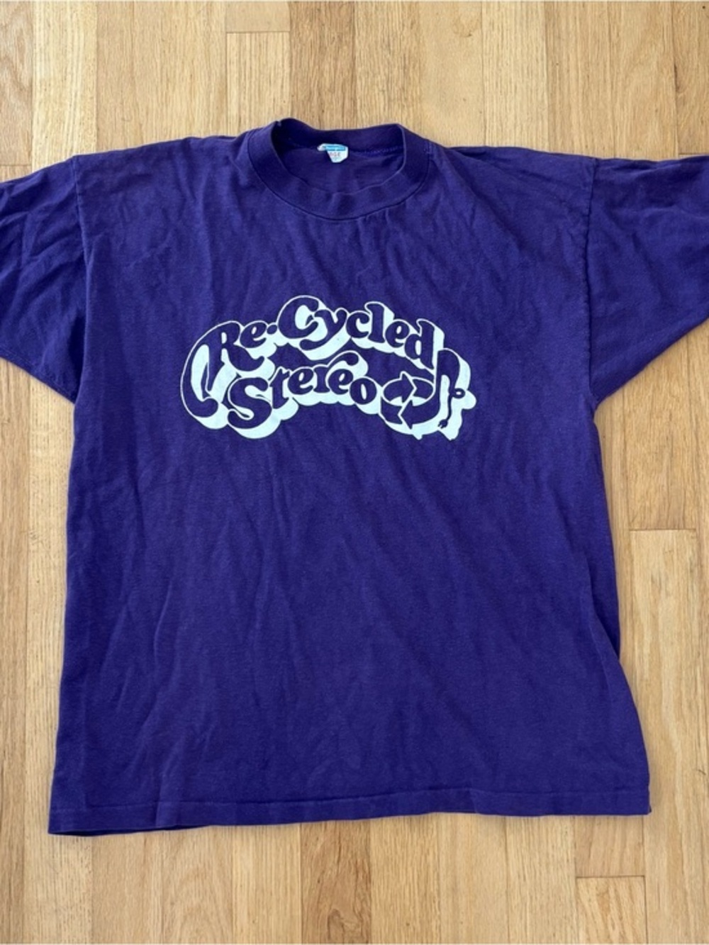 Vintage Champion Purple Short Sleeve Tee with White 'Re-Cycled Stereo' Graphic
